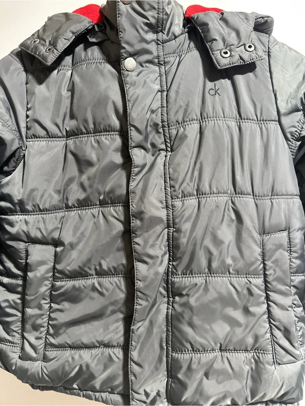Calvin Klein Kids Gray Puffer Jacket with Red Hood Lining